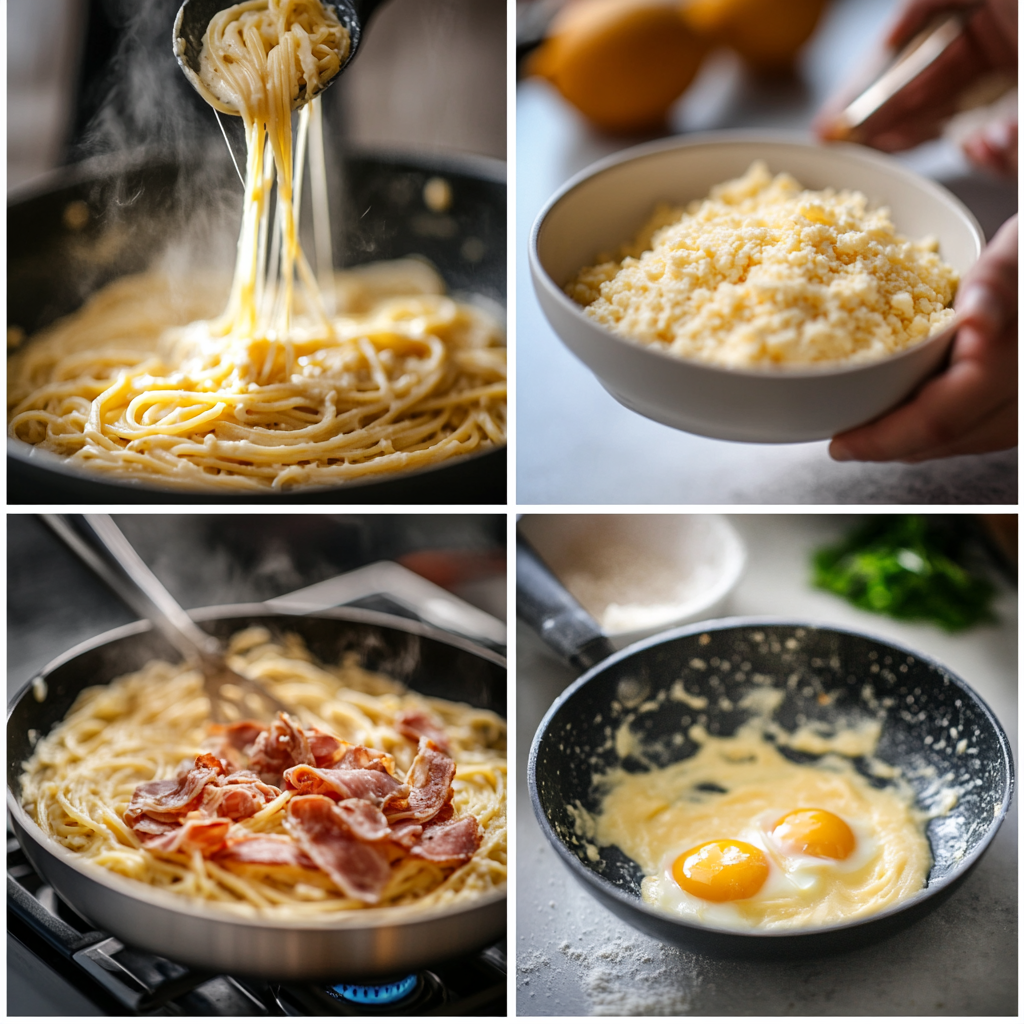 step by step Step-by-step visuals showing how to cook traditional Carbonara from scratch