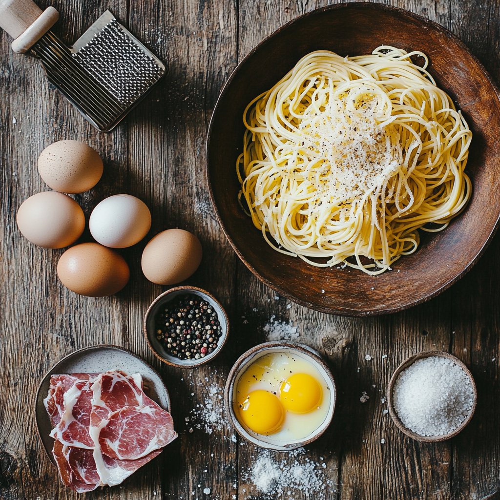 Ingredients Authentic Carbonara ingredients laid out on a rustic kitchen surface