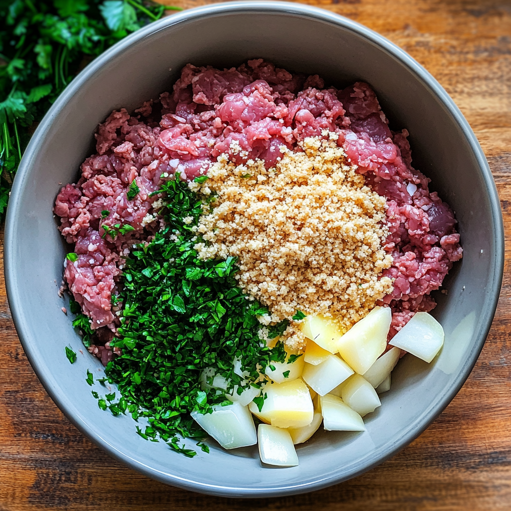 soukaina1995_A_bowl_of_raw_ground_beef_with_eggs_breadcrumbs__be86084d-762d-42b4-ac72-c4b345aa7d26_1 What ingredients are in meatloaf