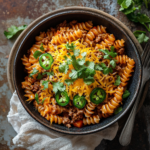 Creamy One-Pot Taco Pasta topped with cheddar, jalapeños, and cilantro in a white bowl on a rustic table