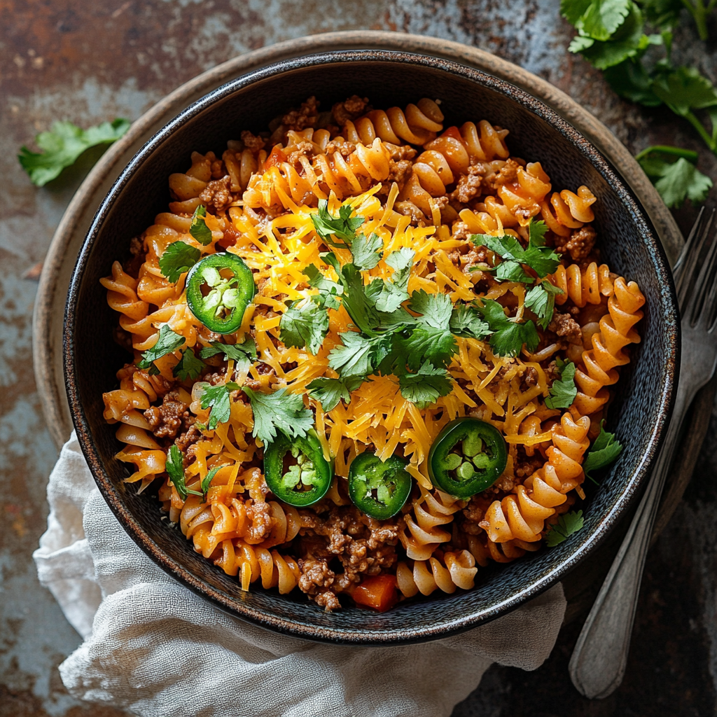 Creamy One-Pot Taco Pasta topped with cheddar, jalapeños, and cilantro in a white bowl on a rustic table