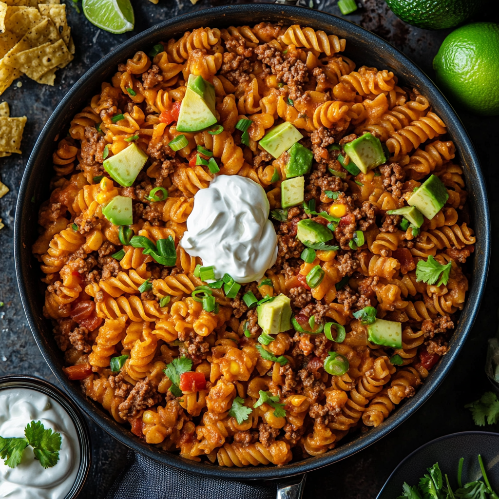 Creamy One-Pot Taco Pasta topped with cheddar, jalapeños, and cilantro in a white bowl on a rustic table Creamy One-Pot Taco Pasta topped with cheddar, jalapeños, and cilantro in a white bowl on a rustic table