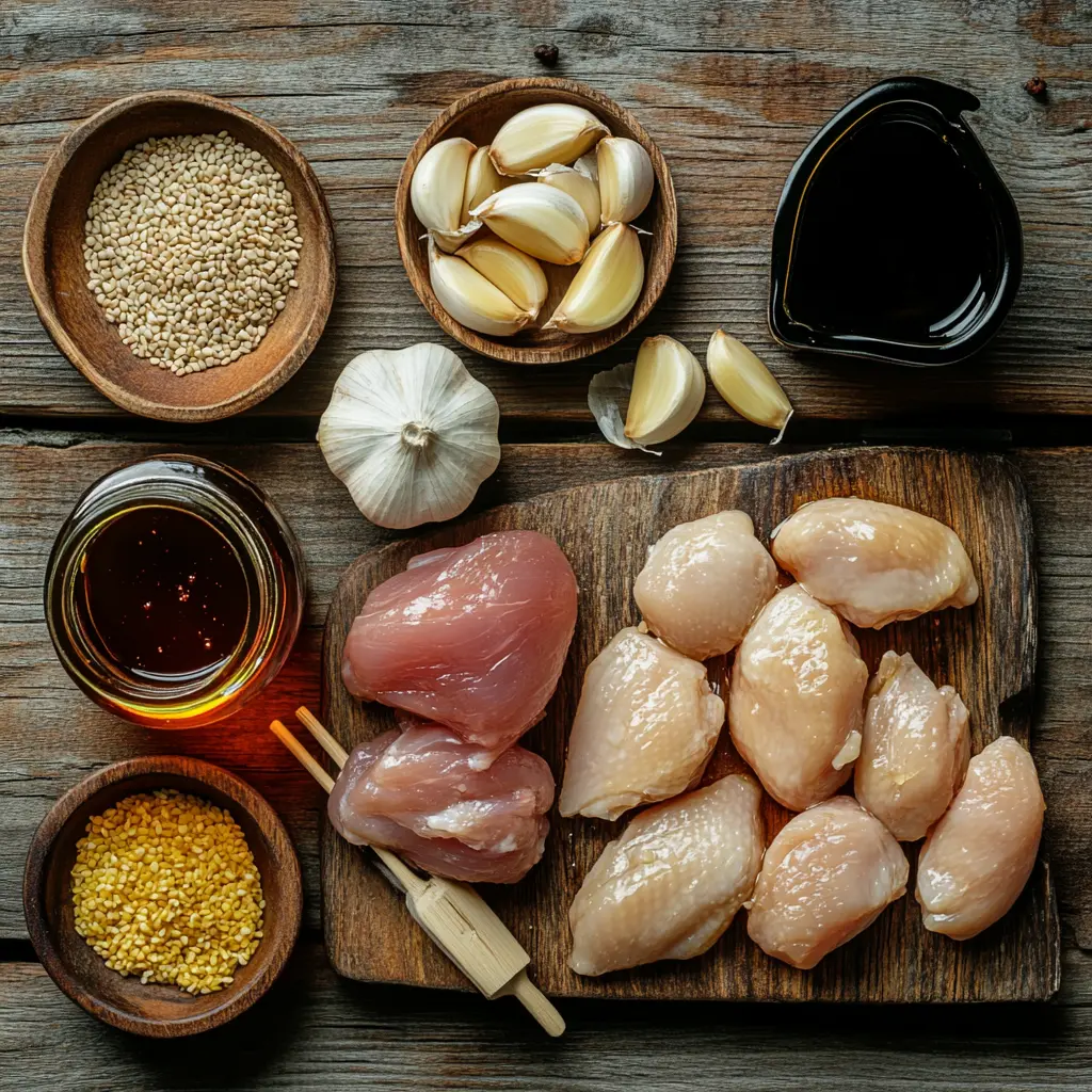 Overhead shot of 30-minute honey garlic chicken in a skillet with green onions and sesame garnish Overhead shot of 30-minute honey garlic chicken in a skillet with green onions and sesame garnish