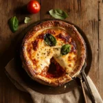 Golden cheesy pizza pot pie baked in a bowl, served hot