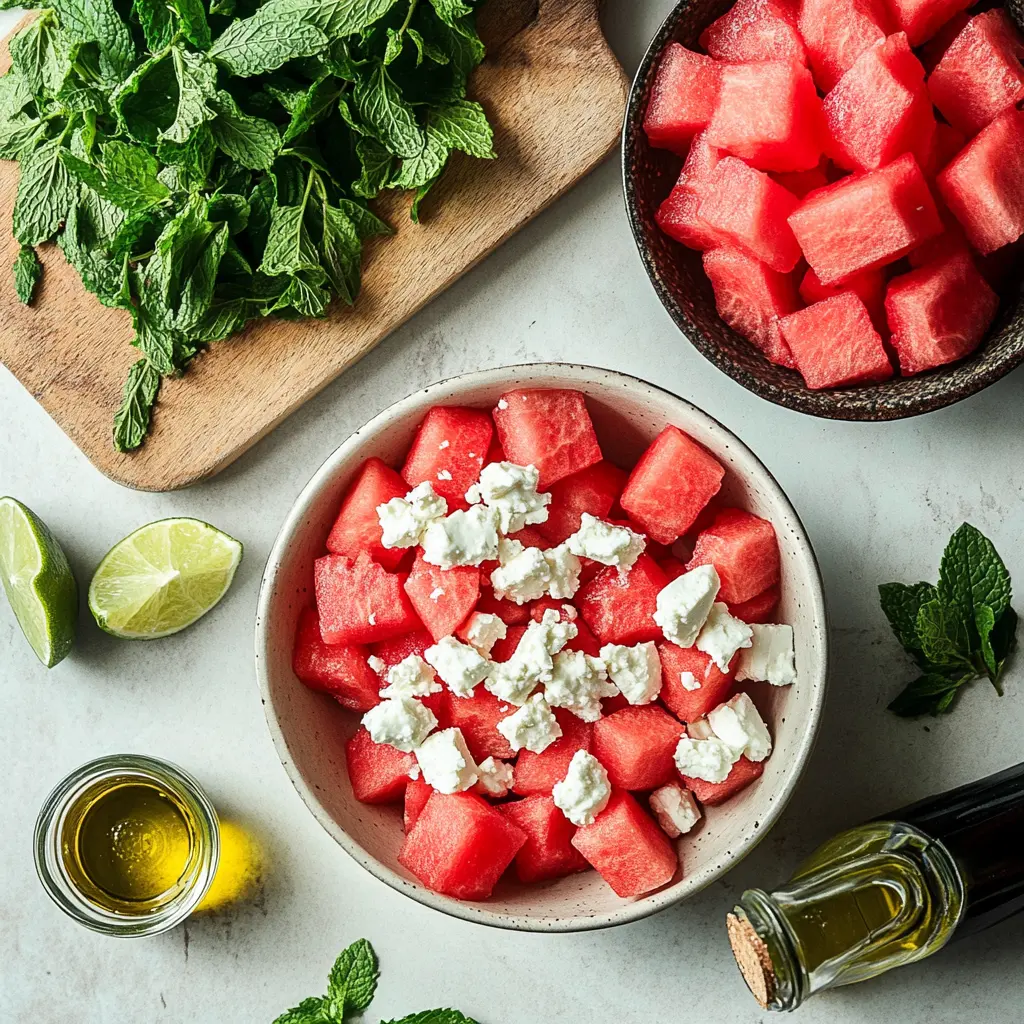 Fresh watermelon feta salad with mint served in a white bowl on a wooden table watermelon feta mint salad