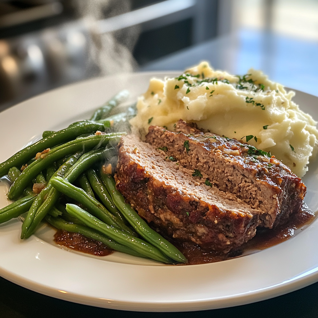 A beautifully glazed homemade meatloaf sliced and served with mashed potatoes and green beans on a dinner plate.