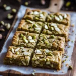 Overhead shot of pistachio cookie bars with chopped nuts and white chocolate chips on parchment paper