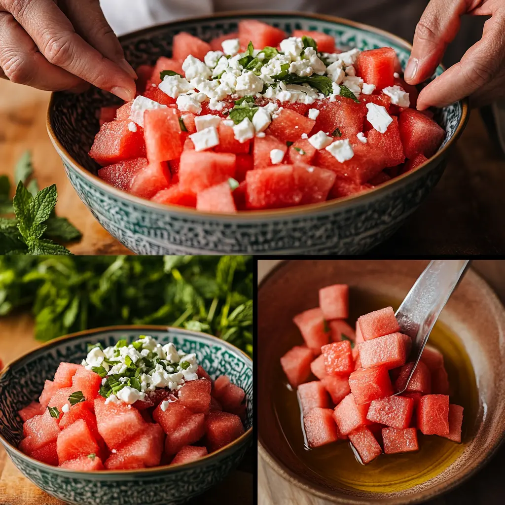 Fresh watermelon feta salad with mint served in a white bowl on a wooden table – summer side dis watermelon feta mint salad