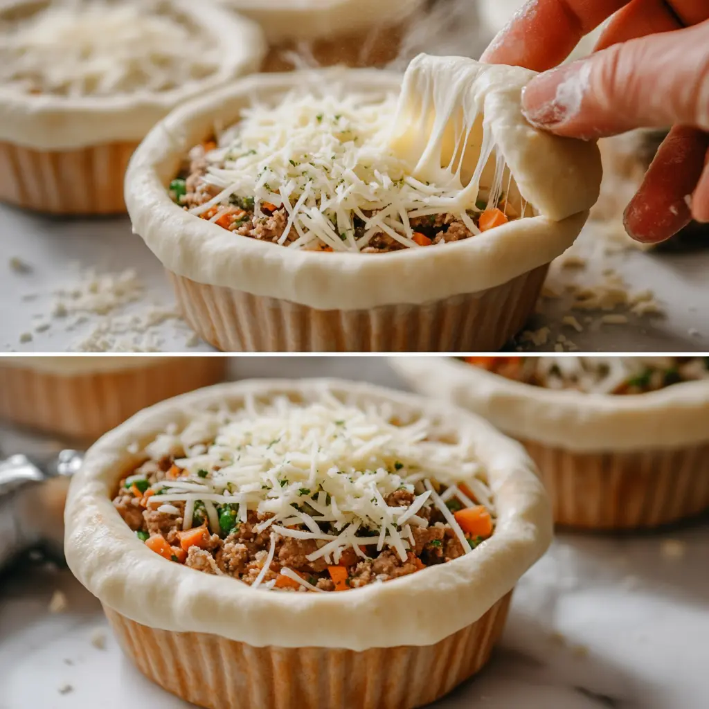 soukaina1995_Step-by-step_photo_collage_ramekins_being_filled_e8230405-9059-487a-8b74-ff03db61b1be_3 Golden cheesy pizza pot pie baked in a bowl, served hot