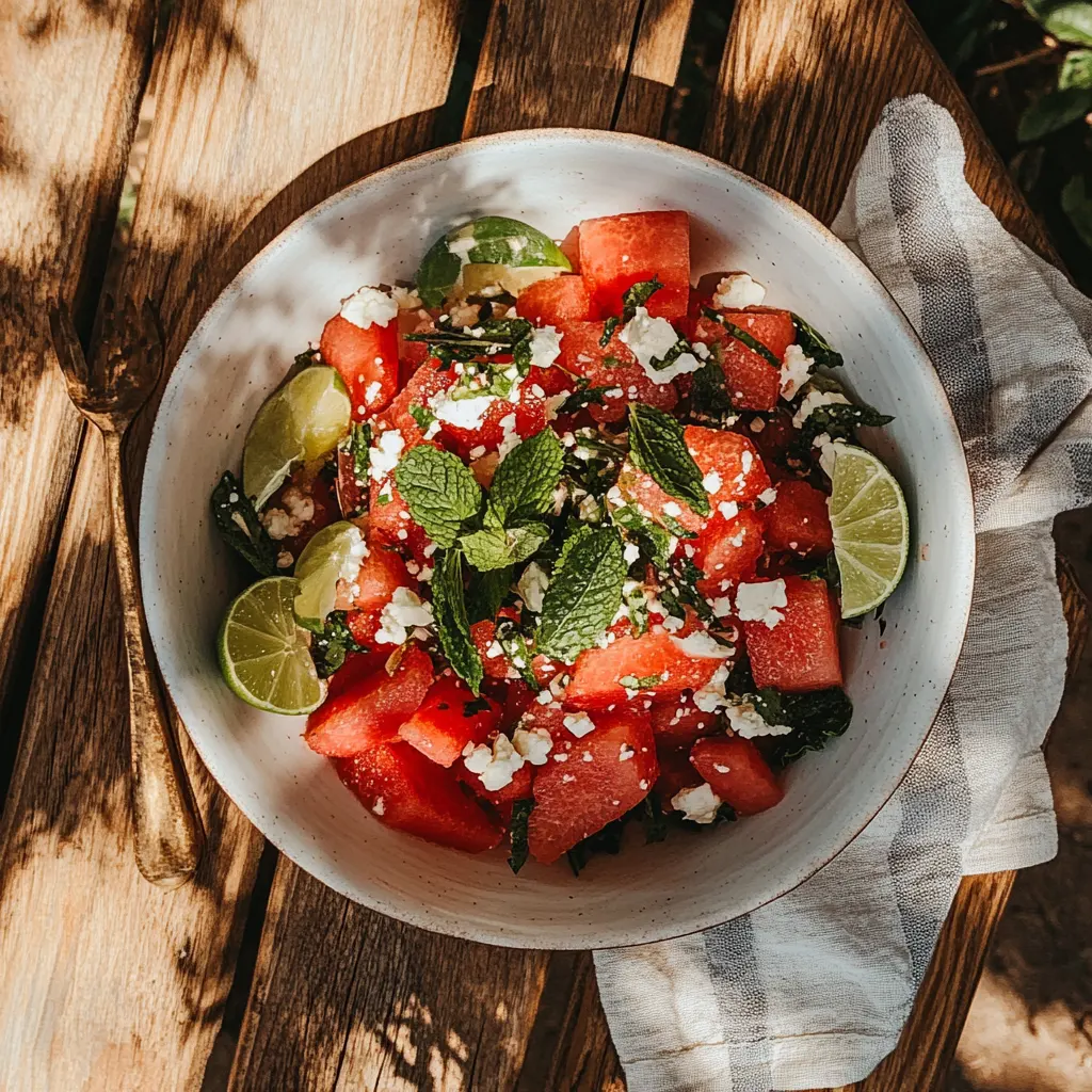 Fresh watermelon feta salad with mint served in a white bowl on a wooden table – summer side dish