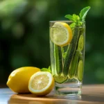 Glass of homemade okra water with lemon and mint on a rustic table